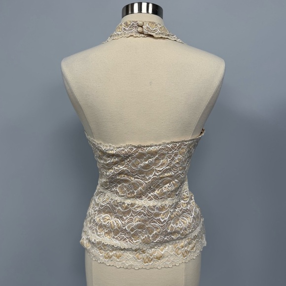 Y2K Cache Lace Halter Top L  Ivory & Nude Lingerie Inspired Scalloped Festival - Picture 2 of 9